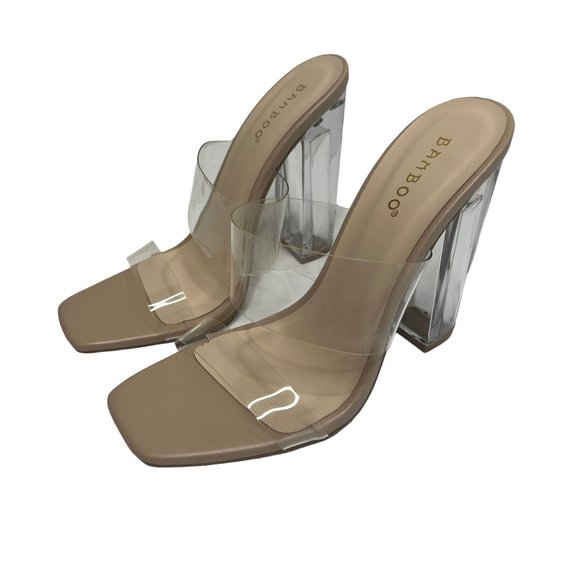 BAMBOO Shoes - Bamboo Women's Clear Nude‎ Chuncy Heeled Mule Sandal Size 6